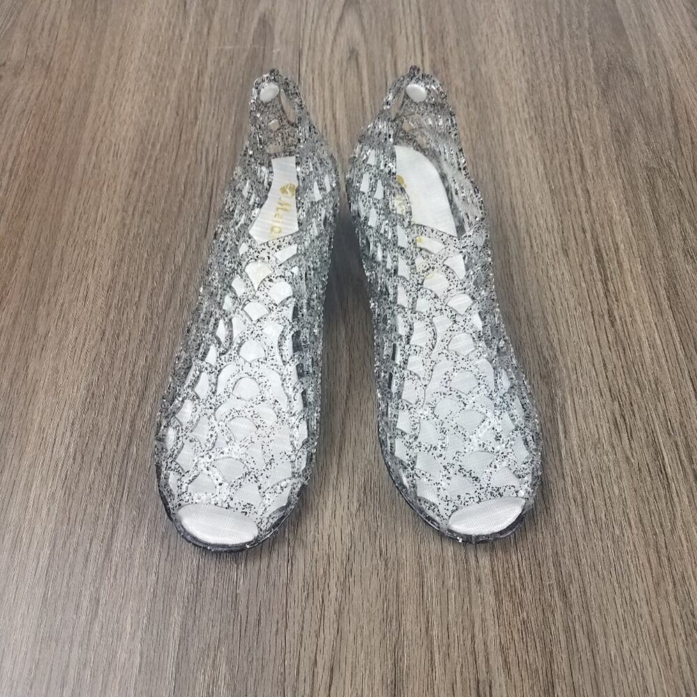 NWOT‎ Silver Glitter Jelly Wedge Shoes sz 36